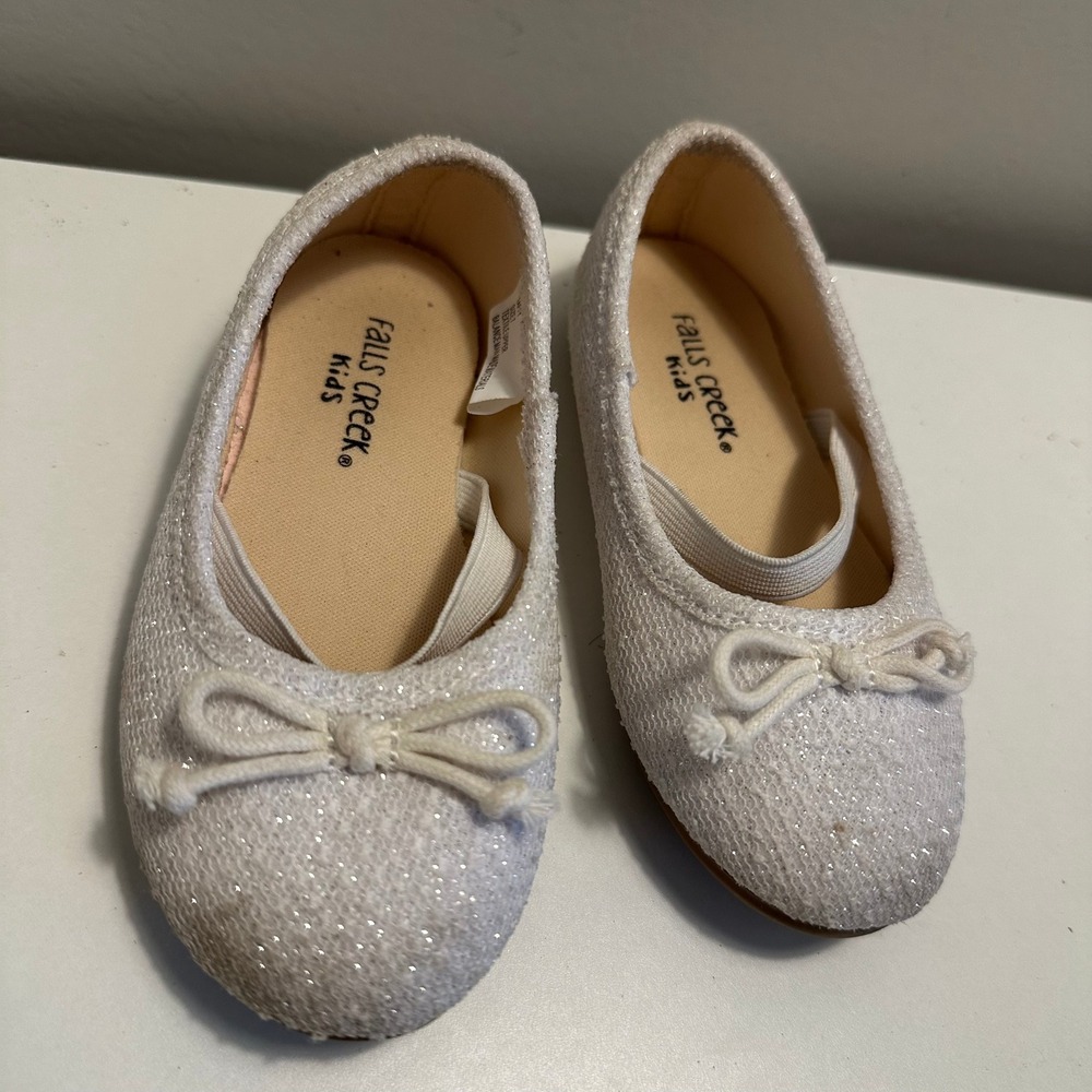 Falls Creek Kids White Glitter Ballet Flats‎ Dress Shoes Girls Size 7